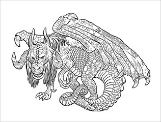 Dragon coloring page. Vector fantasy illustration with mythical creature. Dragon drawing coloring sheet.