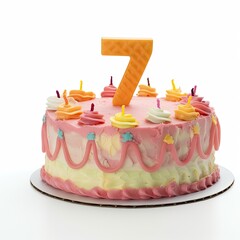 7th birthday cake isolated on white background. , generative ai