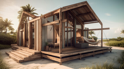 Eco-friendly beach cabin with a modern twist, featuring solar panels, reclaimed wood, and recycled materials. Generative AI