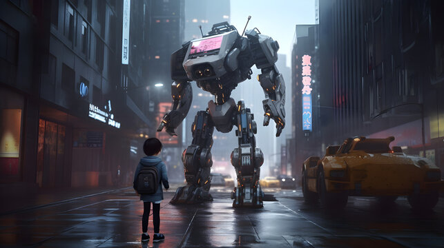 full body portrait of a small child, cyberpunk, in the background a gigantic gundam in a blurred city scene, artstation, 8k, unreal engine, very detailed, concept art, realistic, Generative AI