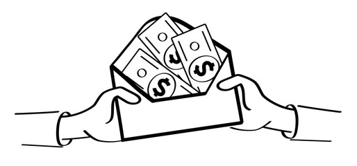 Cartoon bundle usa paper money and hand. Vector dollar, money notes or money bill. Bills for cash and currency. Banknotes, banking finance investment. America, vs flag. Envelope, post icon