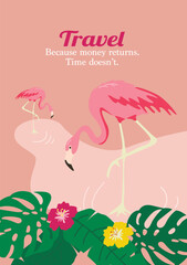 Flamingos in tropical leaves art on the pink background.