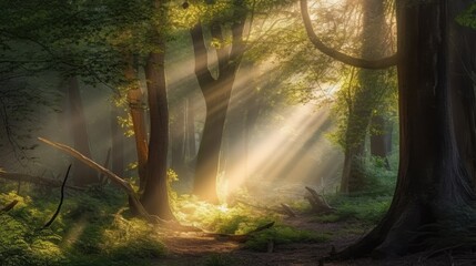 Obraz premium Enchanting forest scene with sunlight filtering through the trees, generative ai