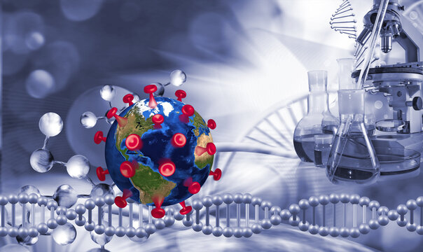  globe with red tentacles formed, which makes it look like a stylized image of the coronavirus virus against the background of stylized DNA chains, flasks and a microscope
