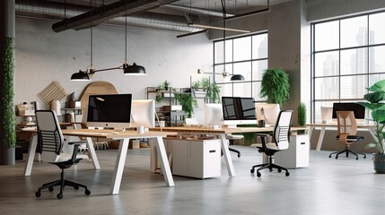  Modern office environment with ergonomic furniture and creative design elements, generative ai