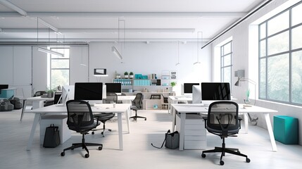 Fototapeta na wymiar Modern office environment with ergonomic furniture and creative design elements, generative ai