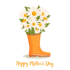 Mother's day greeting card. Bouquet of white chamomile flowers in rain boot. Botanical vector illustration isolated for postcard, poster, ad, decor and other uses.