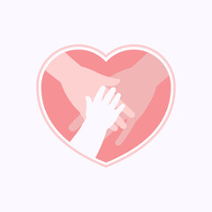 Three hands of family members, baby, mother and father, on top of each other in heart shaped flat design vector