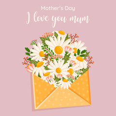 Mother's day greeting card. Vector bouquet of daisies and other field plants inside an envelope. Floral illustration with chamomile for greeting card, poster, invitation, decor etc.