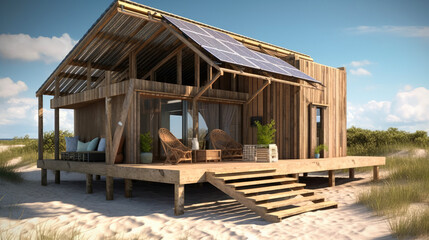 Fototapeta na wymiar Eco-friendly beach cabin with a modern twist, featuring solar panels, reclaimed wood, and recycled materials. Generative AI