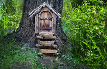 magic wooden fairy door in tree trunk, abstract natural background. Fairytale tree house in green...