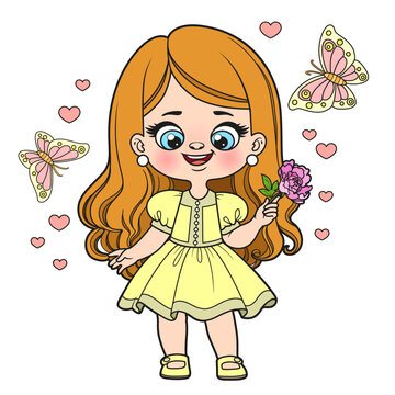Cute cartoon girl in lush dress with a peony in hand color variation for coloring page on white background