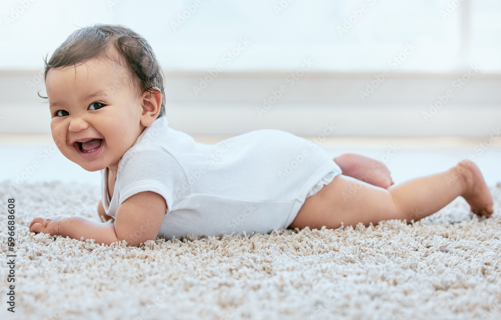 Sticker Have snacks. Shot of an adorable baby girl crawling on the floor at home.