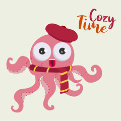 Cozy Time   Illustration Octopus  With Beret and Scarf