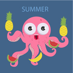 Summer Illustration Octopus With Watermelon, Pineapple,Banana