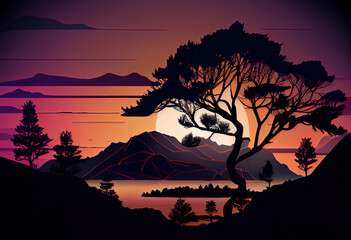 Landscape sunset silhouette background, Mountains, Trees, clouds, colored, red, yellow, orange, black, created with Generative AI Technology