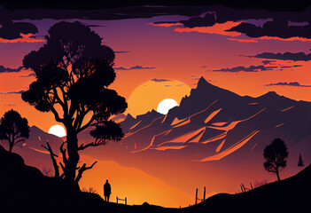 Landscape sunset silhouette background, Mountains, Trees, clouds, colored, red, yellow, orange, black, created with Generative AI Technology