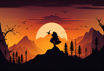 Landscape sunset silhouette background, Mountains, Trees, clouds, colored, red, yellow, orange, black, created with Generative AI Technology