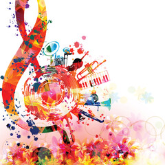 Colorful musical poster with G-clef, LP vinyl record disc and musical instruments vector illustration. Playful background for live concert events, music festivals and shows, party flyer - 596689024