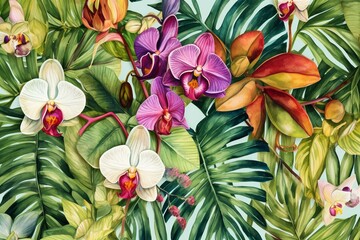 A seamless pattern of watercolor painted tropical flowers, banana and round palm leaves, and orchids. Generative AI