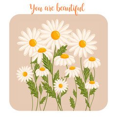 Mother's day greeting card. Several chamomile flowers grow. Botanical vector isolated illustration for postcard, poster, invitation, ad, decor, fabric and other uses. Festive text can be replaced.
