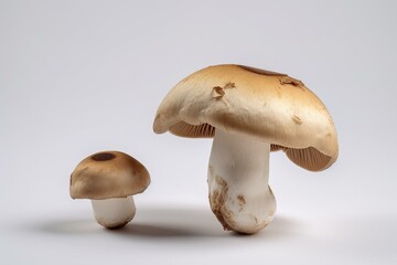 Two champignon mushrooms, one whole, one half, on white background. Generative AI