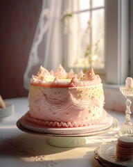 AI generated cake with pink cream and lace on a vintage tray