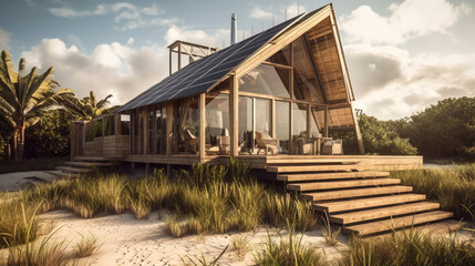 Obraz premium Eco-friendly beach cabin with a modern twist, featuring solar panels, reclaimed wood, and recycled materials. Generative AI