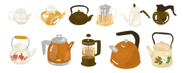 Set of 11 kettles, teapots and coffee pots. A device for boiling water and keeping beverages warm. Vector illustration. Isolated object on white background.