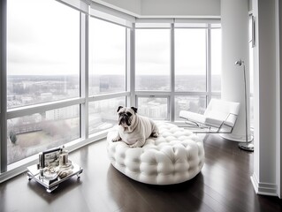 Fototapeta Moderne Wohnung: Gemütliche Bulldogge in entspannter Atmosphäre, generative AI. obraz