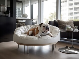 Fototapeta Moderne Wohnung: Gemütliche Bulldogge in entspannter Atmosphäre, generative AI. obraz