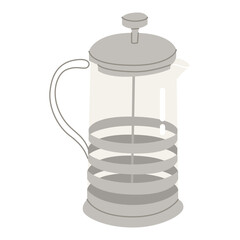 Empty glass French press on a metal base. Preparation of tea and coffee. Isolated object on white background.