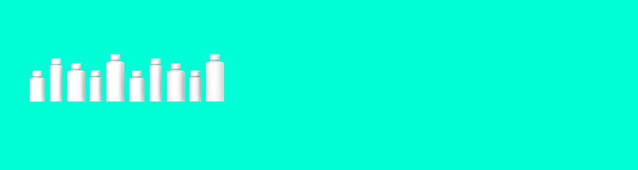 White cosmetic bottles isolated on green background. Packaging of cosmetics. Ten containers for cosmetics. Banner for insertion into site. Horizontal image. 3d image. 3D visualization.