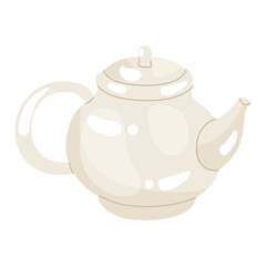 Classic white porcelain teapot. English tradition of drinking tea. Keeping beverages warm. Vector illustration. Isolated object on white background.
