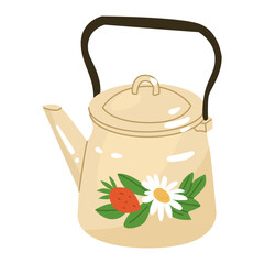 Metal enameled teapot depicting flowers and berries. A device for boiling water and keeping beverages warm. Vector illustration. Isolated object on white background.