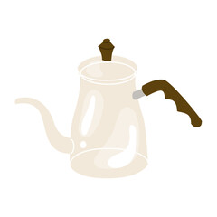 Empty glass coffee pot with long spout and plastic handle. A device for boiling water and keeping beverages warm. Vector illustration. Isolated object on white background.