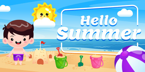 Happy Cute Boy Build Sand Castle With Summer Greeting Banner