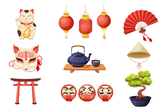 Set japanese kitsune mask, maneki neko cat, daruma doll with faces, kettle or teapot with cup on wooden table, hand fun, torii gate and conical bamboo hat in cartoon style isolated on white background