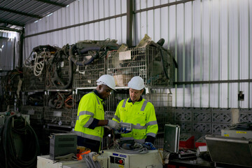 Engineer work at robotic arm factory.