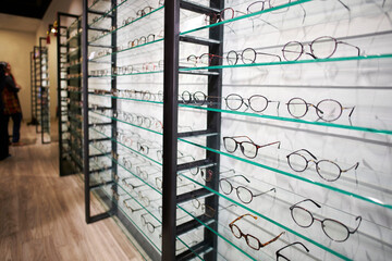 Showcase with glasses in the optic store