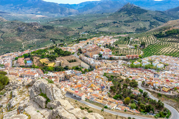 Fototapeta na wymiar Panoramic city view from Medieval castle of Santa Catalina in sunny day in Jaen, Spain on April 6, 2023 
