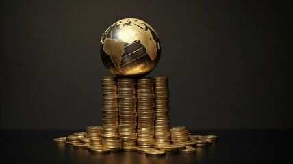 featuring a globe and coin stack. The world is fueled by money.  AI generator
