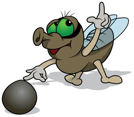 Brown House Fly with Green Eyes Playing a Game with a Sphere