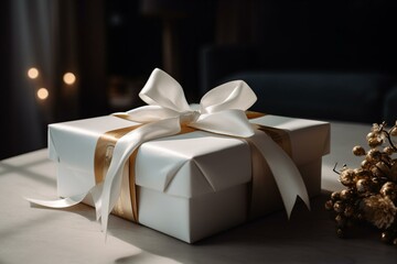 A white present with a gold ribbon on top. Generative AI