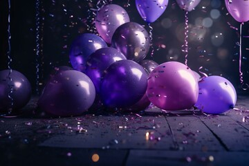 Fototapeta na wymiar Festive background with purple balloons, confetti, sparkles, and lights. Suitable for various occasions such as birthdays, parties, Christmas, and New Year. Generative AI