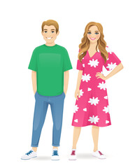 Young people in casual clothes. Smiling man and girl wear floral dress isolated vector illustration