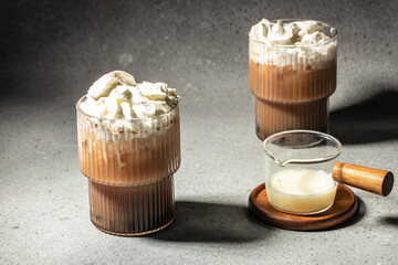 Boba or tapioca pearls is taiwan bubble milk tea. Taiwan milk tea. Trendy drinks