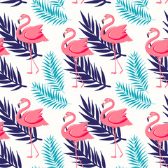 Beautiful seamless vector floral summer pattern background with tropical palm leaves and pink flamingo.