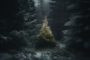 The evergreen Christmas tree stands tall amidst a silent snowy forest, the only sound the faint jingle of sleigh bells in the distance. Generative AI