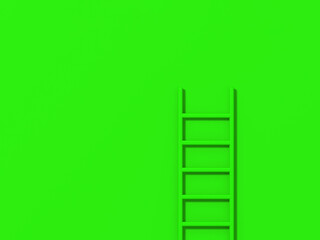 Green staircase on green background. Staircase stands vertically near wall. Way to success concept. Horizontal image. 3d image. 3D rendering.